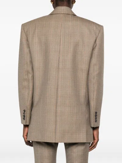 Saint Laurent Check Pattern Double-breasted Blazer In Brown
