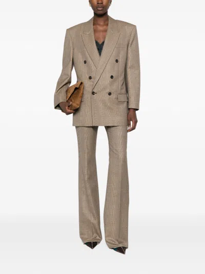 Saint Laurent Check Pattern Double-breasted Blazer In Brown