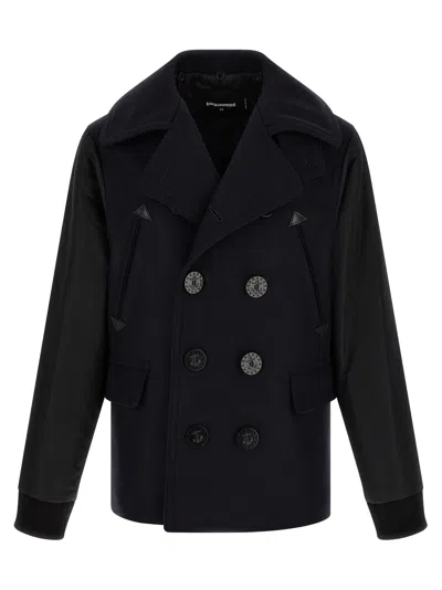 Dsquared2 Wool-blend Hybrid Peacoat In Navy