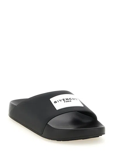 Givenchy Black Sandals With Wide Band And Contrasting Logo Patch In Rubber Man In Black