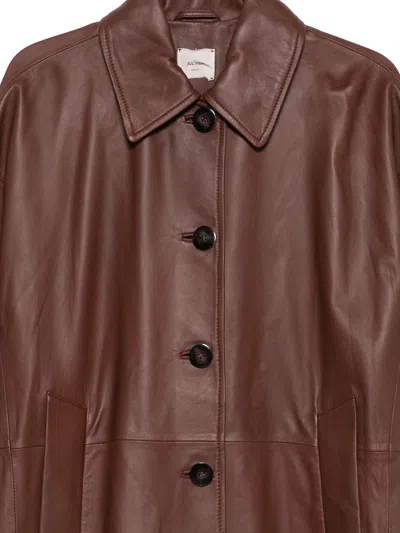 Alysi Smooth Grain Leather Coat In Brown