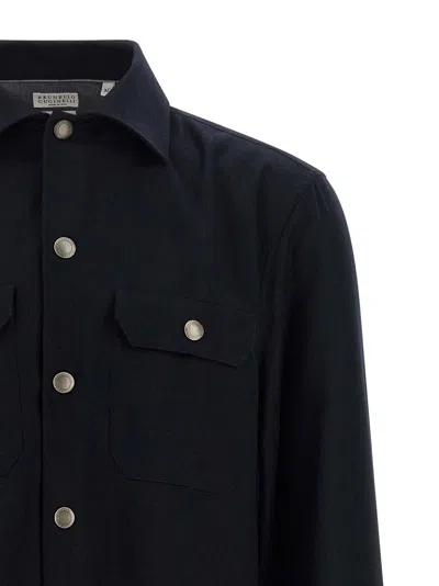Brunello Cucinelli Virgin Wool Flannel Overshirt In Navy