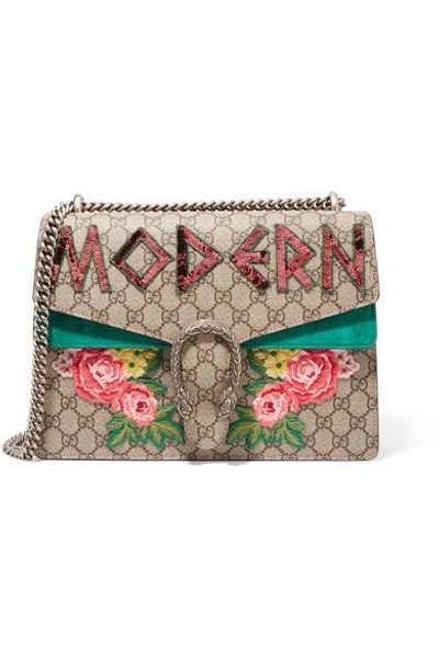 Shop Gucci Dionysus Medium Embellished Appliquéd Coated-canvas And Suede Shoulder Bag
