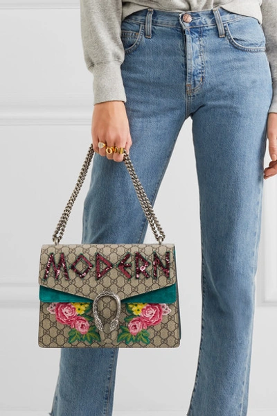 Shop Gucci Dionysus Medium Embellished Appliquéd Coated-canvas And Suede Shoulder Bag