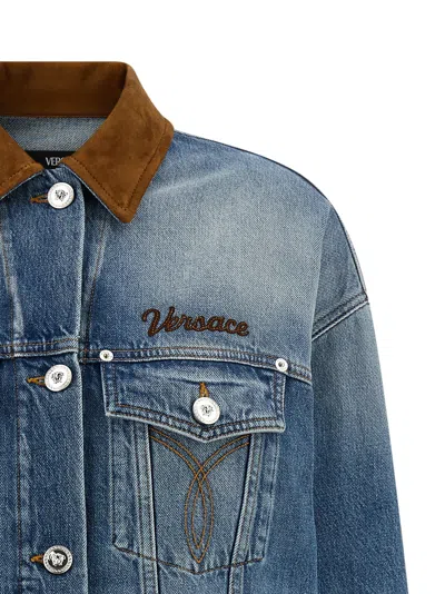Versace Suede Collar Denim Jacket In Blue