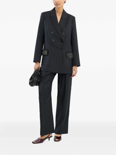 Munthe Pinstriped Beaded-fringe Coat In Black