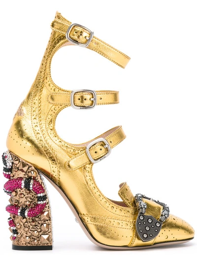 Gucci Queercore Crystal-embellished Block-heel Pumps In Gold