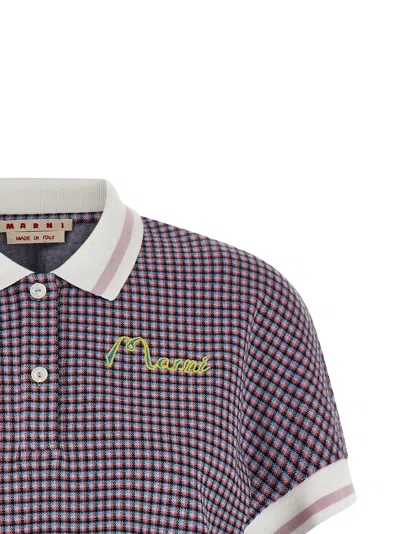Marni Check-pattern Viscose Blend Polo In Navy