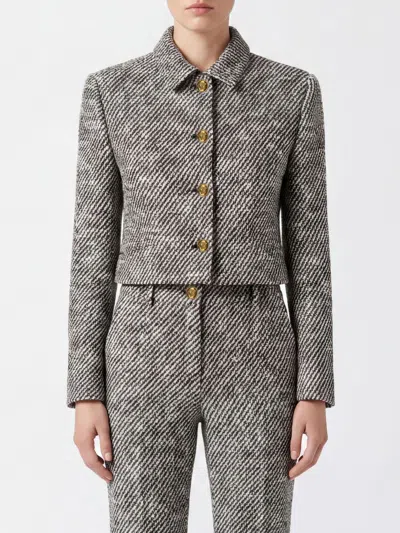 Versace Wool Boucle Jacket Contrast Buttons Cropped In Gray