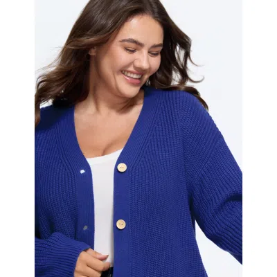 Bloomchic V Neck Button Down Cardigan In Navy