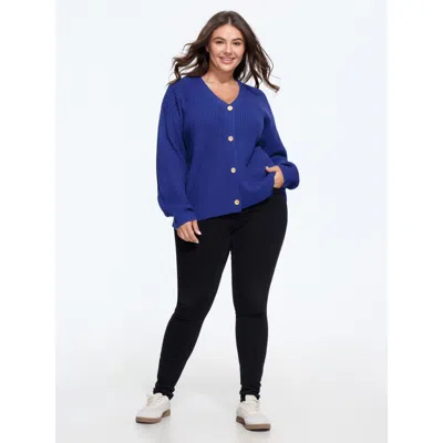 Bloomchic V Neck Button Down Cardigan In Navy