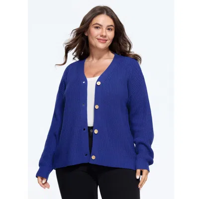 Bloomchic V Neck Button Down Cardigan In Navy