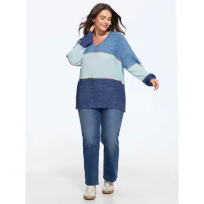 Bloomchic Color Block V Neck Pullover In Stone