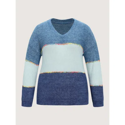 Bloomchic Color Block V Neck Pullover In Stone