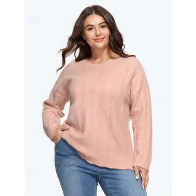 Bloomchic Textured Round Neck Scalloped Hem Pullover In Salmon