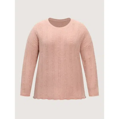 Bloomchic Textured Round Neck Scalloped Hem Pullover In Salmon
