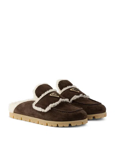 Prada Shearling-trim Logo-plaque Suede Mules In Brown
