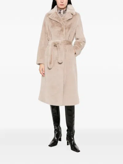 Duno Belted Shearling-effect Coat In Neutral