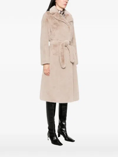 Duno Belted Shearling-effect Coat In Neutral