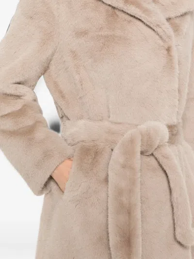 Duno Belted Shearling-effect Coat In Neutral