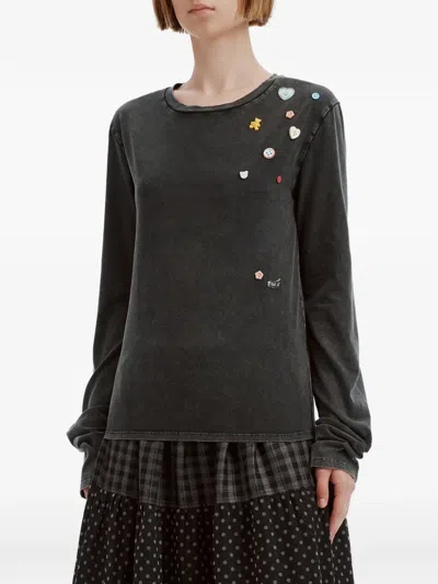 Mini Cream Button-embellished T-shirt In Black