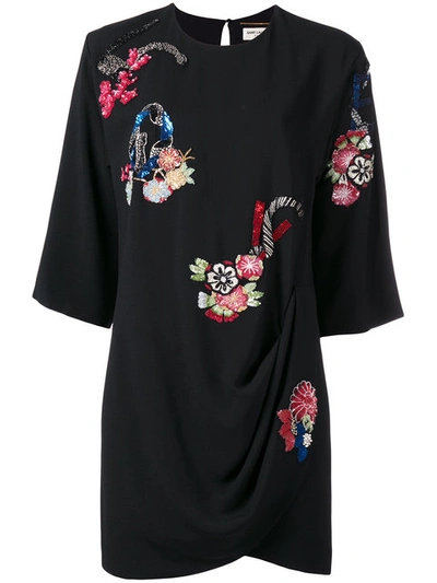 Saint Laurent Floral Embroidered Dress - Black