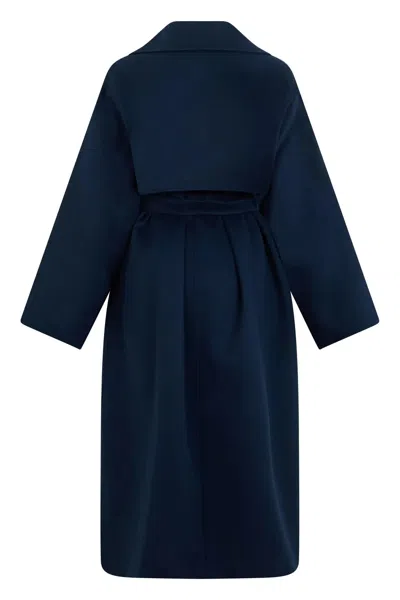 Weekend Max Mara Long Virgin Wool Belted Lapel Coat In Blue