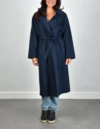 Weekend Max Mara Long Virgin Wool Belted Lapel Coat In Blue