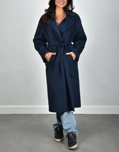 Weekend Max Mara Long Virgin Wool Belted Lapel Coat In Blue