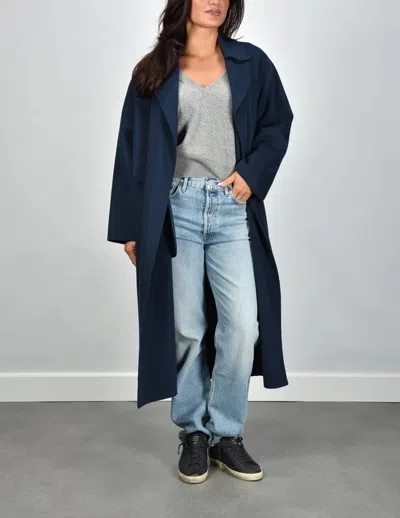 Weekend Max Mara Long Virgin Wool Belted Lapel Coat In Blue