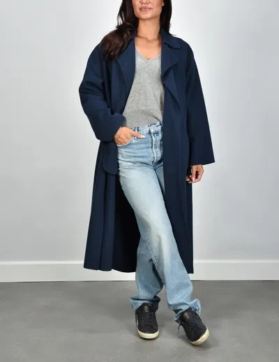 Weekend Max Mara Long Virgin Wool Belted Lapel Coat In Blue