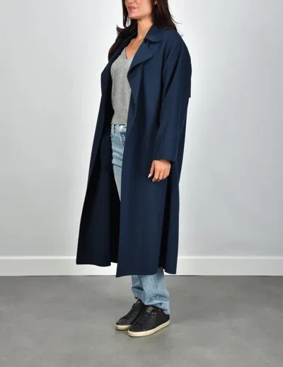 Weekend Max Mara Long Virgin Wool Belted Lapel Coat In Blue