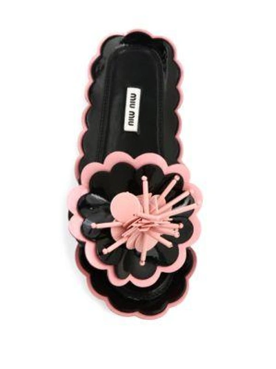 Shop Miu Miu Flower Applique Patent Leather Slides In Nero-rosa