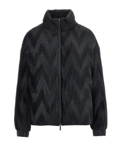 Emporio Armani Velvet High Neck Long Sleeve Oversized Down Coat In Black