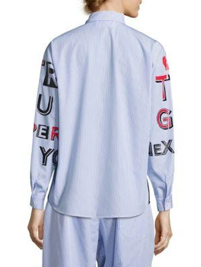 Shop Maison Margiela Text-print Striped Cotton Shirt In Light Blue