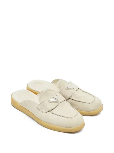 Pre-owned Prada Triangle Logo Flat Mules In Neutrals