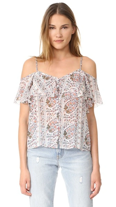 Paige Henna Print Cold Shoulder Silk Top In Cream/canyon