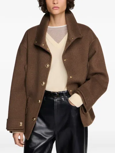 Sandro Double-faced Standing Collar Coat In Brown