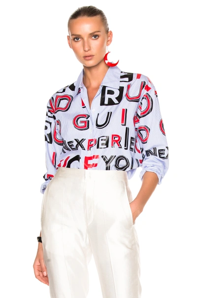 Shop Maison Margiela Striped Cotton Letter Print Shirt In Blue, Stripes, Red, White. In Blue & White