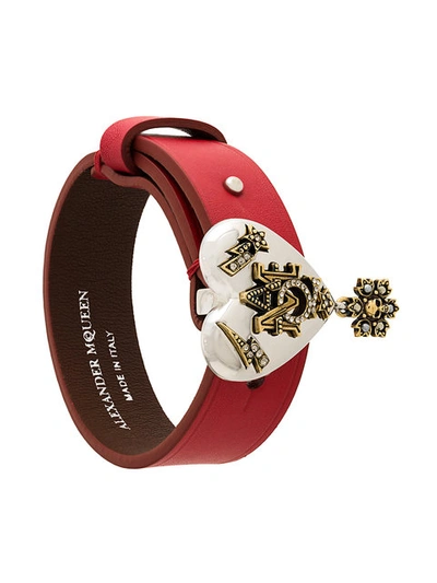 Alexander Mcqueen Leather Heart Cuff In Red