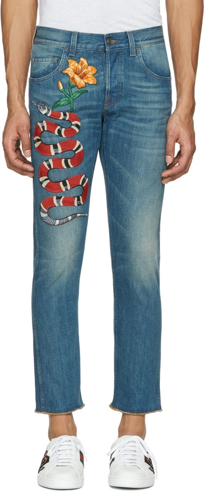 Modtager maskine national flag skrivestil Gucci Snake Embroidered Slim-fit Jeans In Stonewashed-blue | ModeSens