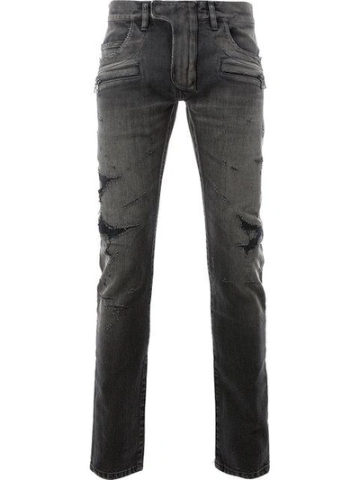 Shop Balmain Distressed Skinny Jeans In Black