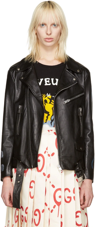 Shop Gucci Black Leather Hand-painted Biker Jacket
