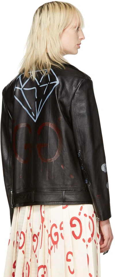 Shop Gucci Black Leather Hand-painted Biker Jacket
