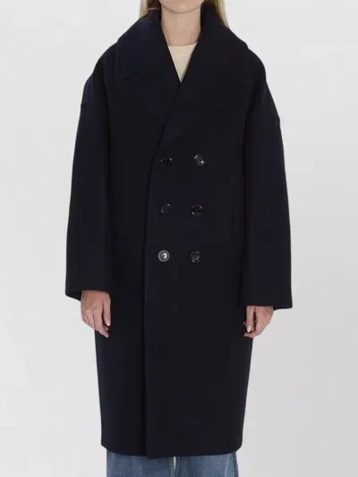 Celine Long Double-breasted Wool Peacoat With Notch Lapel In Black