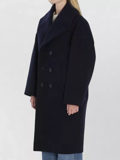 Celine Long Double-breasted Wool Peacoat With Notch Lapel In Black