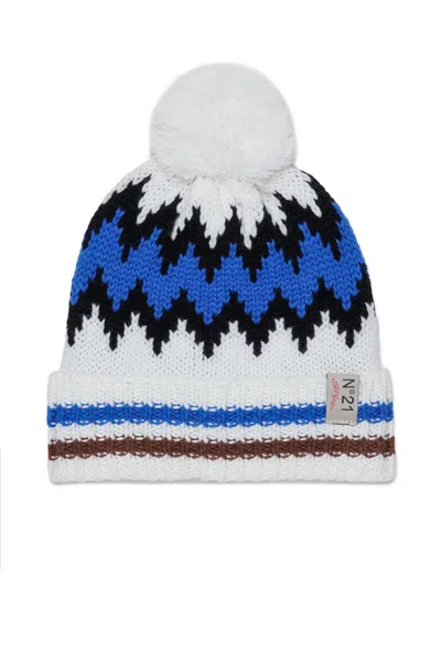 N°21 Pom-pom Intarsia-knit Beanie Hat In White
