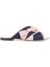 Fendi Bow-embellished Stretch-knit And Leather Slides In Navy-pink Cream