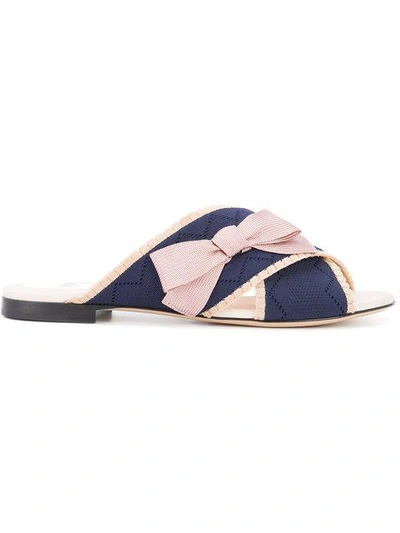 Fendi 蝴蝶结饰弹力针织皮革拖鞋 In Navy-pink Cream