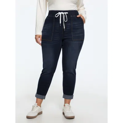 Bloomchic Pull-on Drawstring Folded Hem Boyfriend Jeans In Blue